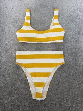 Forever 21 Yellow and White Striped Ribbed High-Waist Bikini